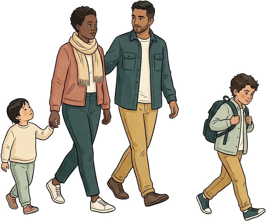 Eine Familie geht gemeinsam, während ein Kind neugierig ein Stück vorausläuft.