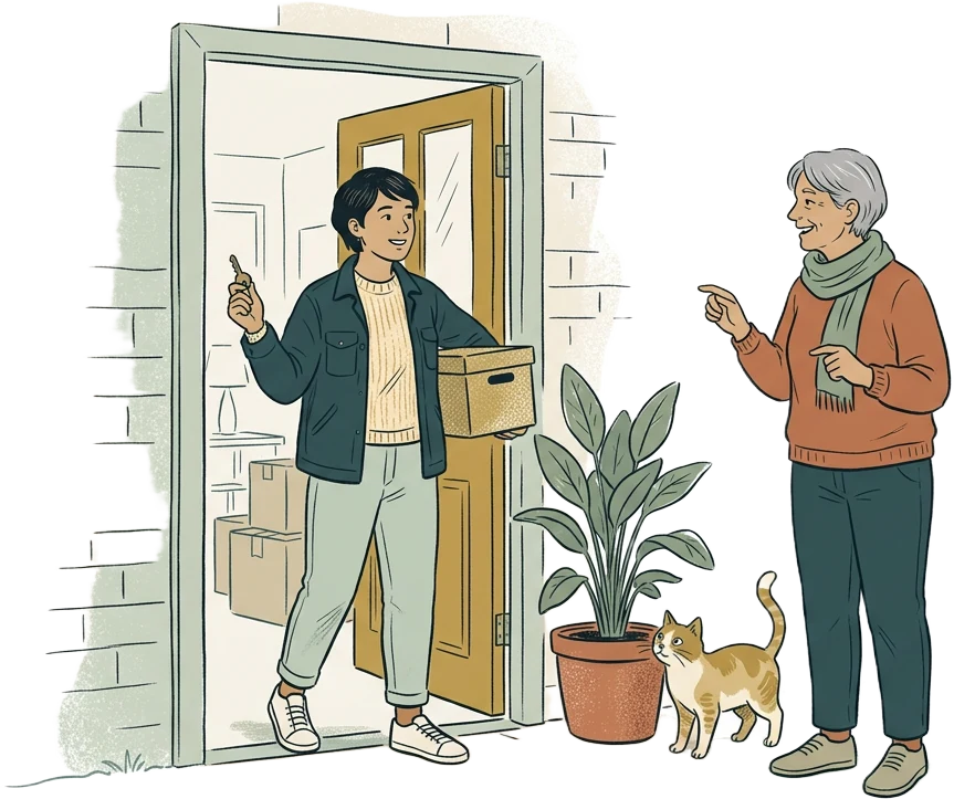 Eine Person richtet selbstständig ihre Wohnung ein, begleitet von einer unterstützenden Person.